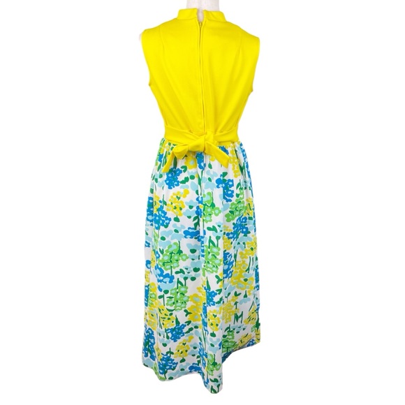 Vintage 60s 70s Puritan Young Forever Yellow Blue Floral Hostess Long Maxi Dress - Picture 2 of 15